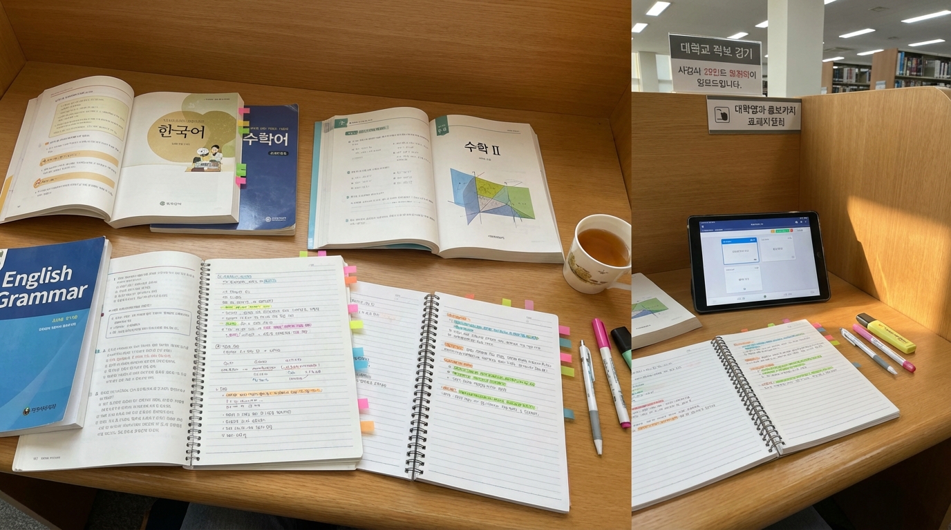 6월 모의평가 과목별 성적 향상을 위해 정리된 국어, 수학, 영어 핵심 노트와 수능 교재