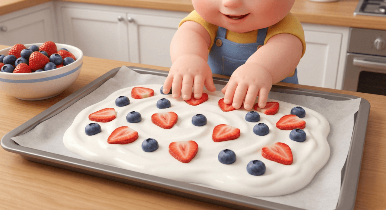 쟁반에 펼쳐진 하얀 요거트 위에 딸기와 블루베리를 콕콕 박고 있는 아이의 손