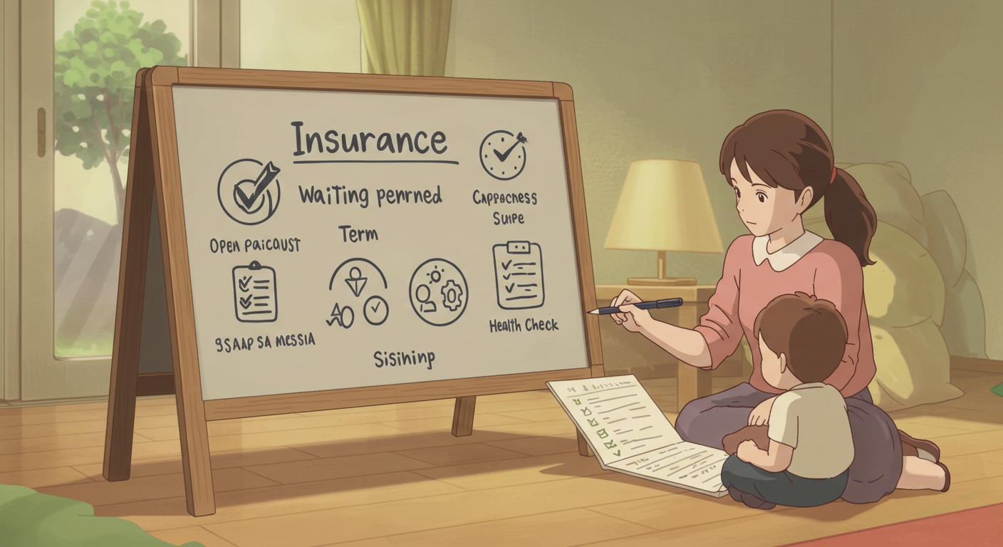 보험 체크리스트를 확인하는 부모 일러스트