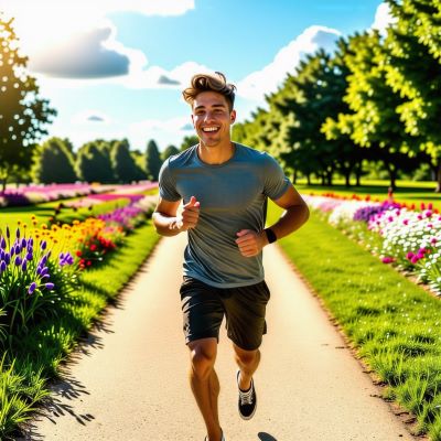 젊은 남성이 깨끗한 공원을 밝은 표정으로 가볍게 뛰고 있다.