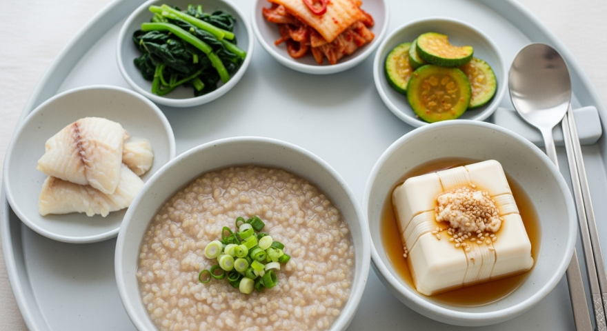 미죽, 두부, 생선찜이 포함된 건강 식단