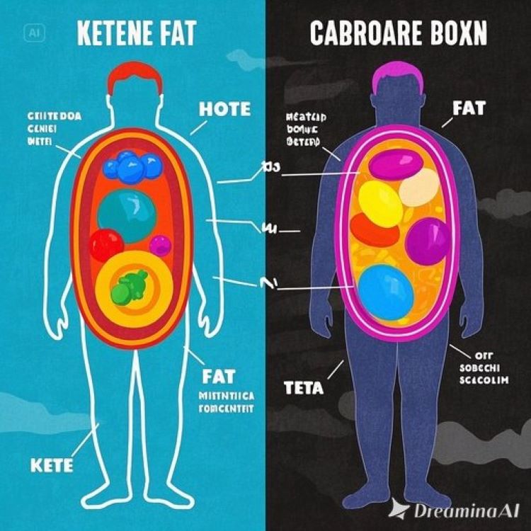 인체 실루엣 내부에 미토콘드리아들이 지방 분자들을 케톤체로 변환하는 과정을 생화학적 도식으로 표현하고, 한쪽에는 효율적인 지방 연소 시스템(밝고 활발한 색상), 다른 쪽에는 비효율적인 탄수화물 연소 시스템(어둡고 정체된 색상)을 대비하여 보여주는 대사과학 인포그래픽