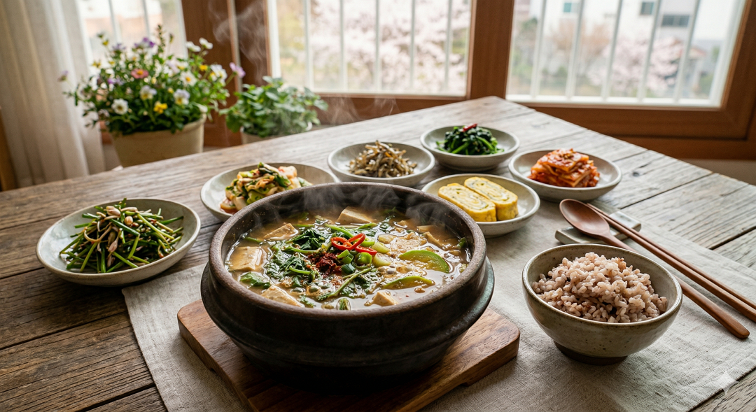 봄 제철 빨간 앵두냉이된장국 뚝배기에 담긴 봄 집밥