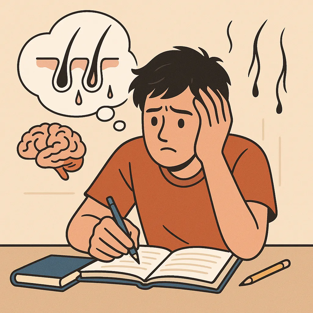 &ldquo;책상에 앉아 열심히 공부하며 이마를 짚고 고민하는 남성의 모습, 머릿속에는 뇌 일러스트와 함께 떨어지는 세 가닥의 머리카락이 떠 있는 일러스트로, 과도한 머리 사용이 탈모로 이어질 수 있다는 물음을 시각적으로 표현합니다.&rdquo;