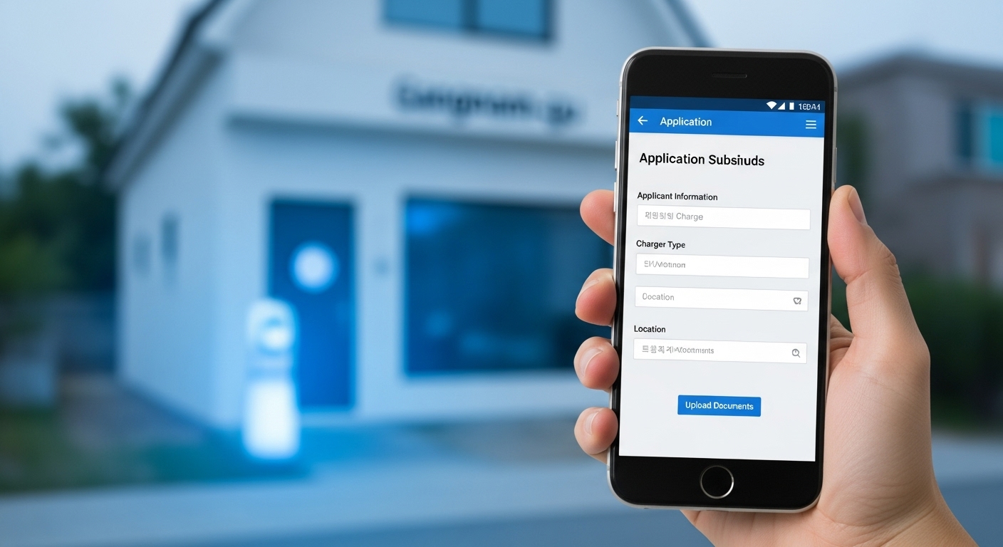 스마트폰으로 강남구 전기차 충전기 보조금 온라인 신청서를 작성하는 손의 모습. 간편해진 신청 과정을 상징하며, 화면에는 신청 정보 입력 필드가 보입니다.