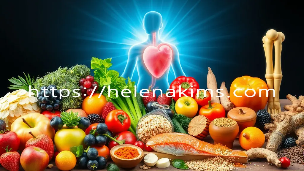 싱싱한 과일, 채소, 등푸른생선, 통곡물, 향신료 등이 아름답게 배열되어 있는 모습 뒤에 인체의 심장이 보이는 모습.