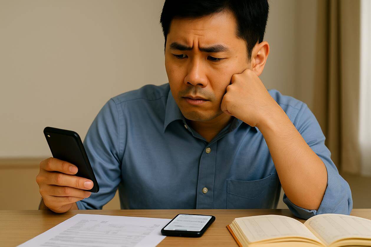 명세서와 스마트폰을 보며 고민하는 표정의 직장인.