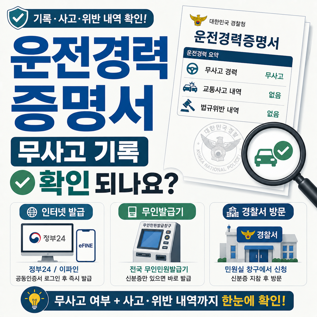 운전경력증명서 무사고 및 사고기록 확인 화면 이미지