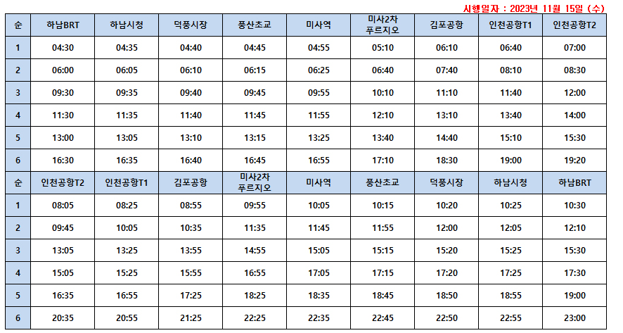하남에서 김포공항-리무진버스 시간표