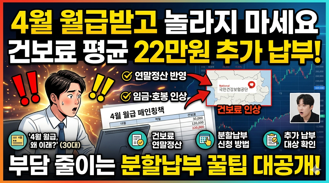 4월 급여 명세서를 확인하고 깜짝 놀라는 직장인의 모습. 배경에는 '건보료 폭탄?', '평균 22만원 추가 납부', '4월 건강보험료 연말정산', '분할납부 신청 방법' 텍스트와 함께, 우상향하는 건보료 그래프와 대비되는 직장인의 당황스러운 표정이 강조되어 있다