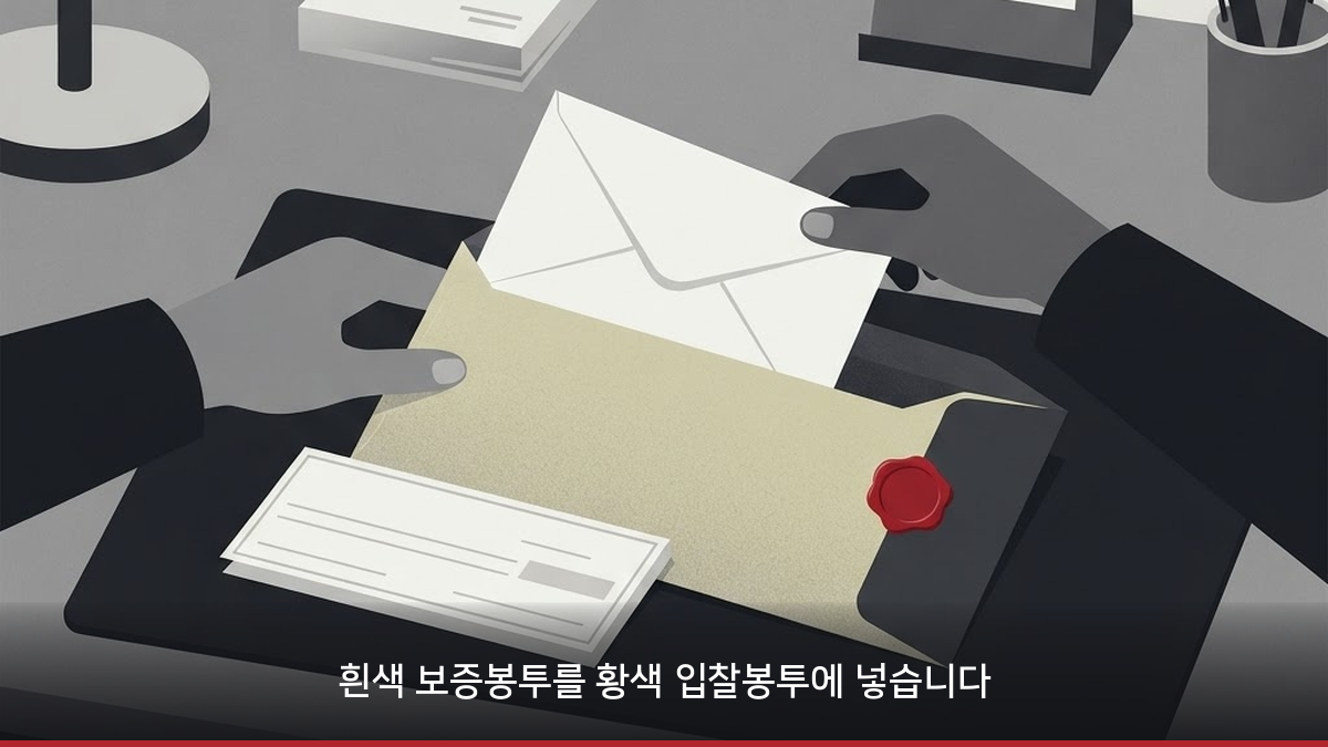 흰색 보증봉투를 황색 기일입찰봉투에 넣는 모습