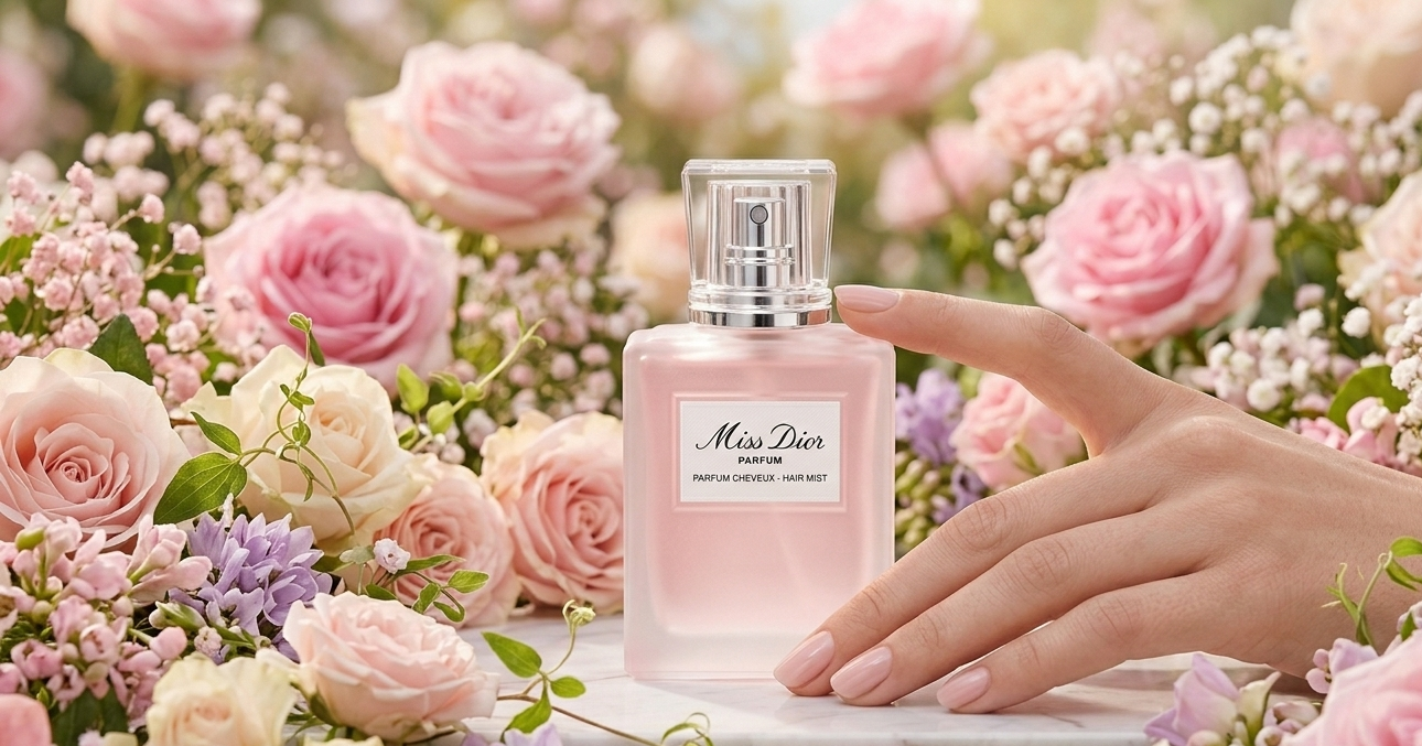 꽃밭에 놓인 미스 디올 헤어 미스트 30ml 핑크색 병