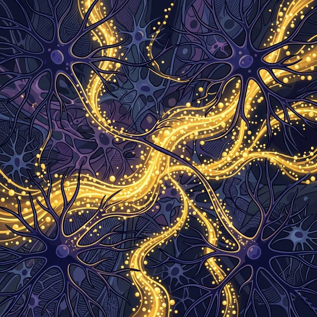 현미경으로 본 뇌 신경 세포 사이로 황금색 에너지 입자들이 활기차게 흐르는 모습