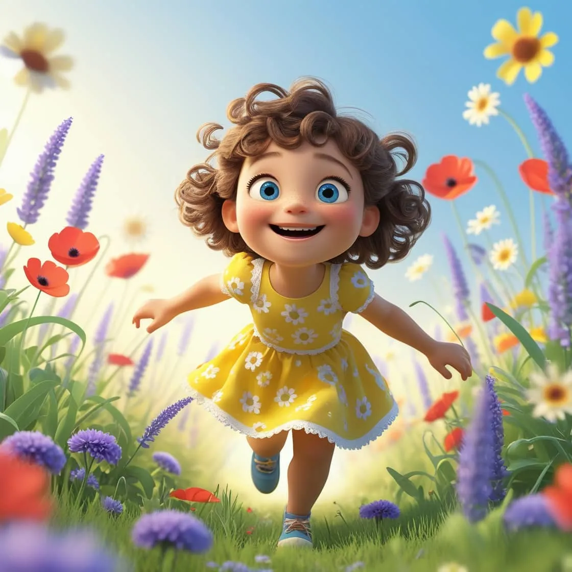 Phoenix 모델로 생성된 꽃밭 속을 달리는 소녀 캐릭터 이미지. 이 이미지는 사실적인 채광과 부드러운 피부톤, 감정 표현이 잘 살아 있는 Phoenix 모델의 픽사풍 스타일을 시각적으로 전달하며, 블로그의 Leonardo AI 모델 비교 주제와 관련된 내용을 설명함 (phoenix model, cinematic lighting, realistic style)