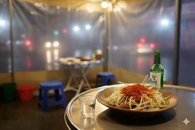 비오는날 포장마차내부 소주잔과 골뱅이 파무침 이미지