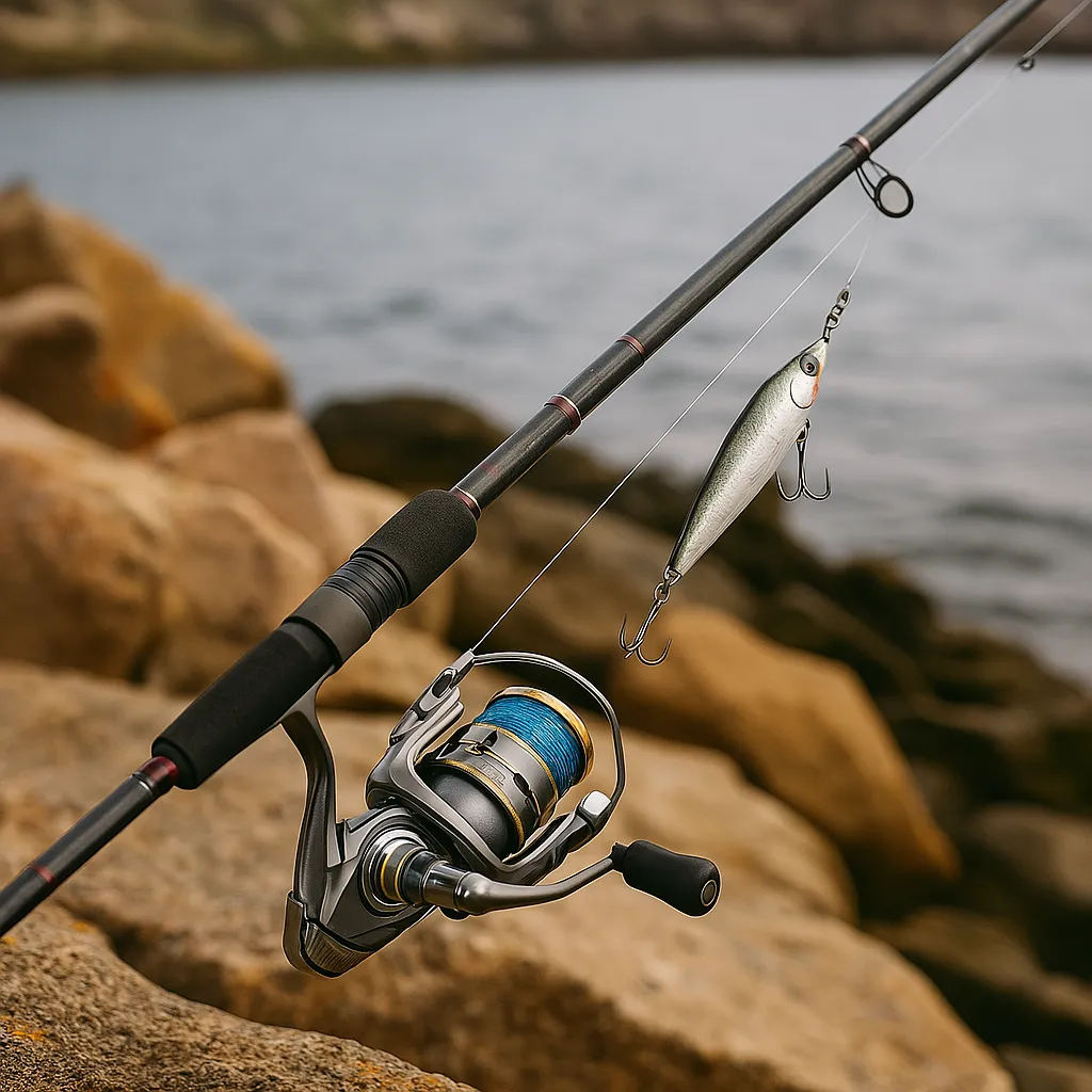 갯바위 위에 놓인 농어낚시 전용 스피닝 릴과 루어 채비