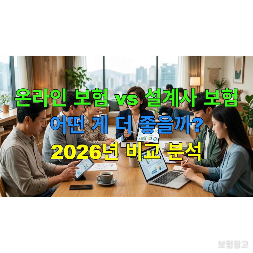 온라인 보험 비교 화면을 보는 사람들과 설계사와 상담하는 사람들이 함께 있는 모습