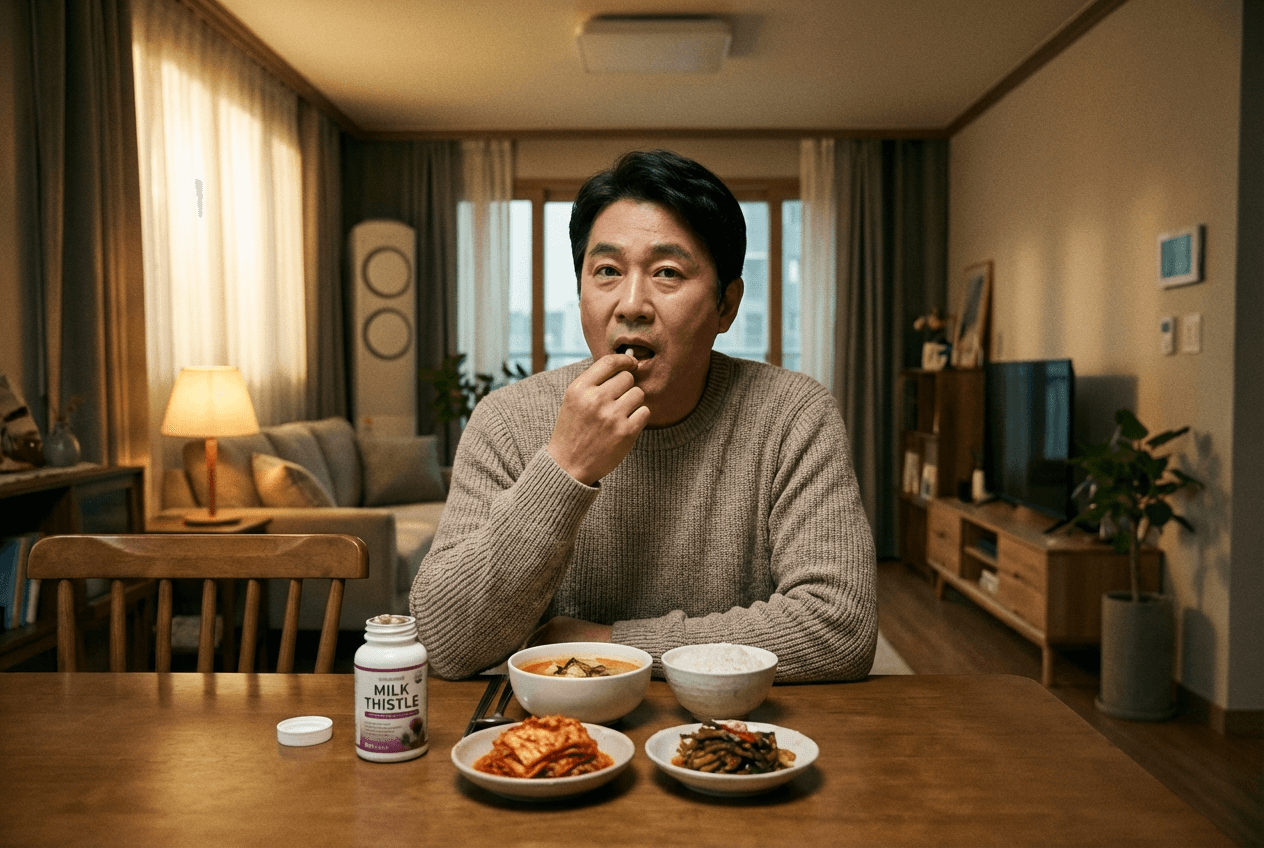식사와 함께 밀크씨슬을 복용하는 한국인 남성의 모습