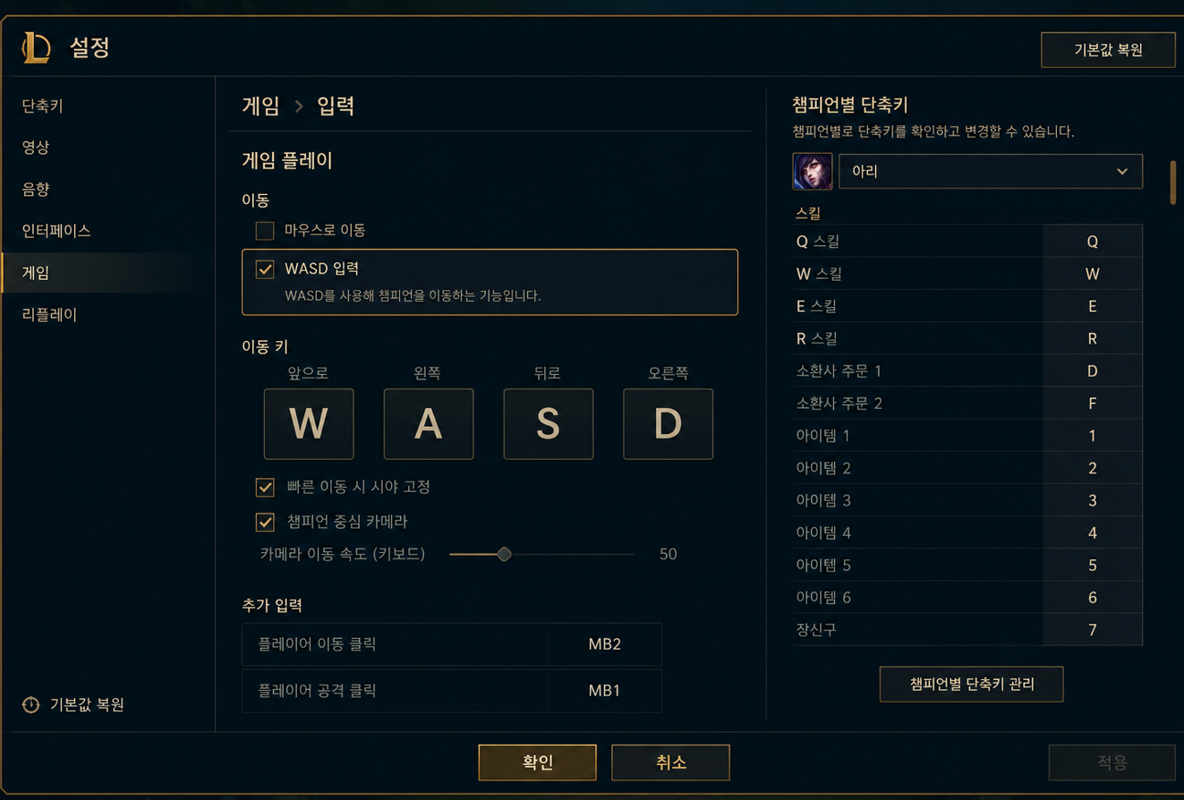 롤 WASD 설정 메뉴에서 이동 키와 챔피언별 단축키를 확인하는 화면