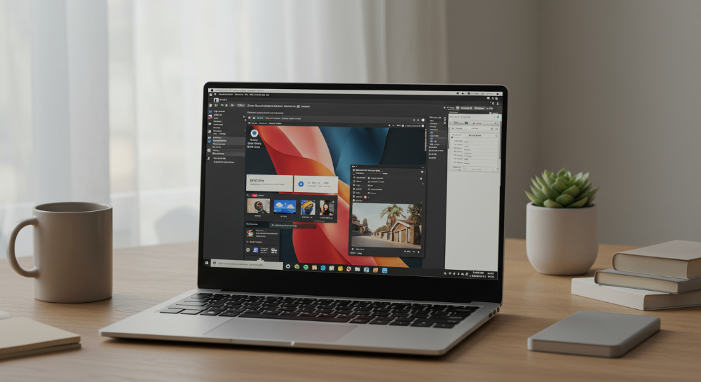 큰 화면에 여러 작업창이 열려 있는 17인치 노트북이 보이는 책상 풍경. 생산적이고 현대적인 느낌을 준다.