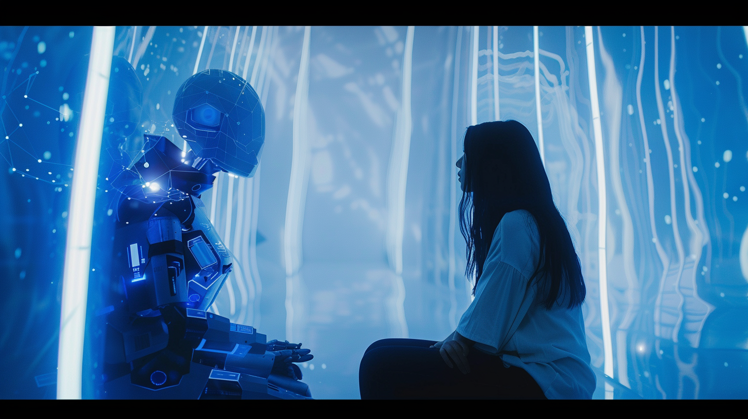 ChatGPT 대화 인터페이스를 보여주는 현대적인 화면 디자인, AI와 사람 간의 실시간 대화가 진행 중인 모습