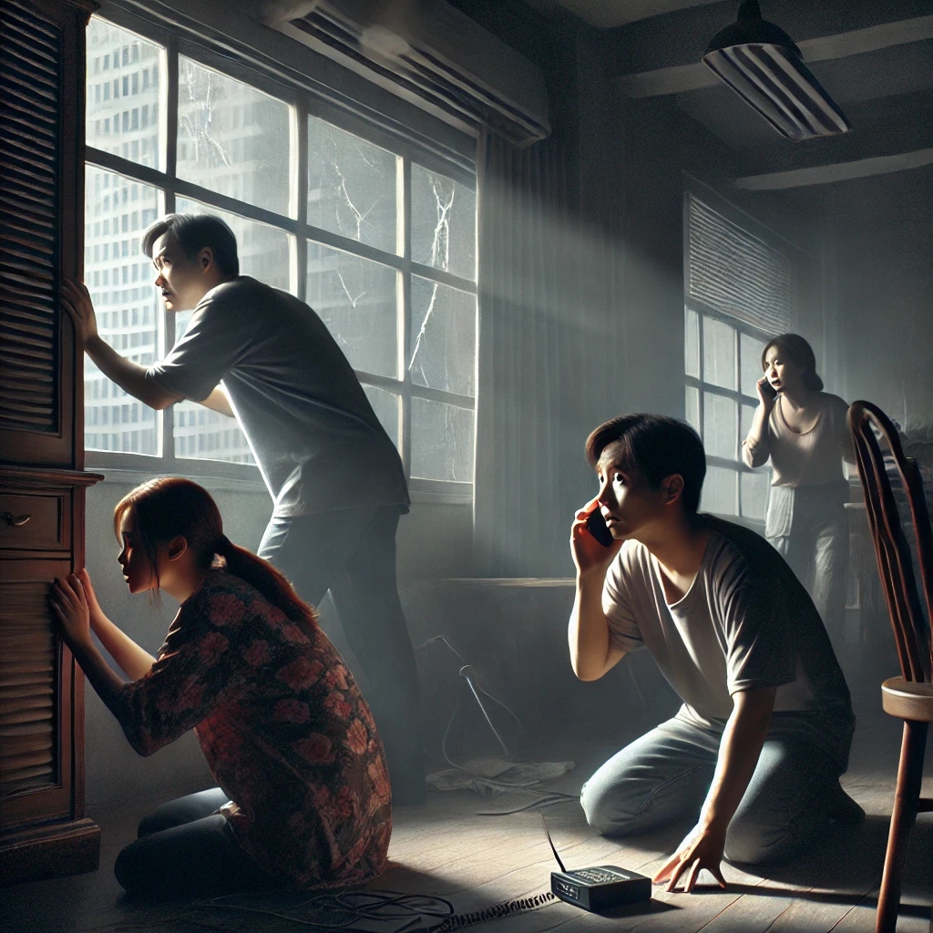 위기 상황에서 다양한 반응을 보이는 사람들의 행동을 묘사한 일러스트