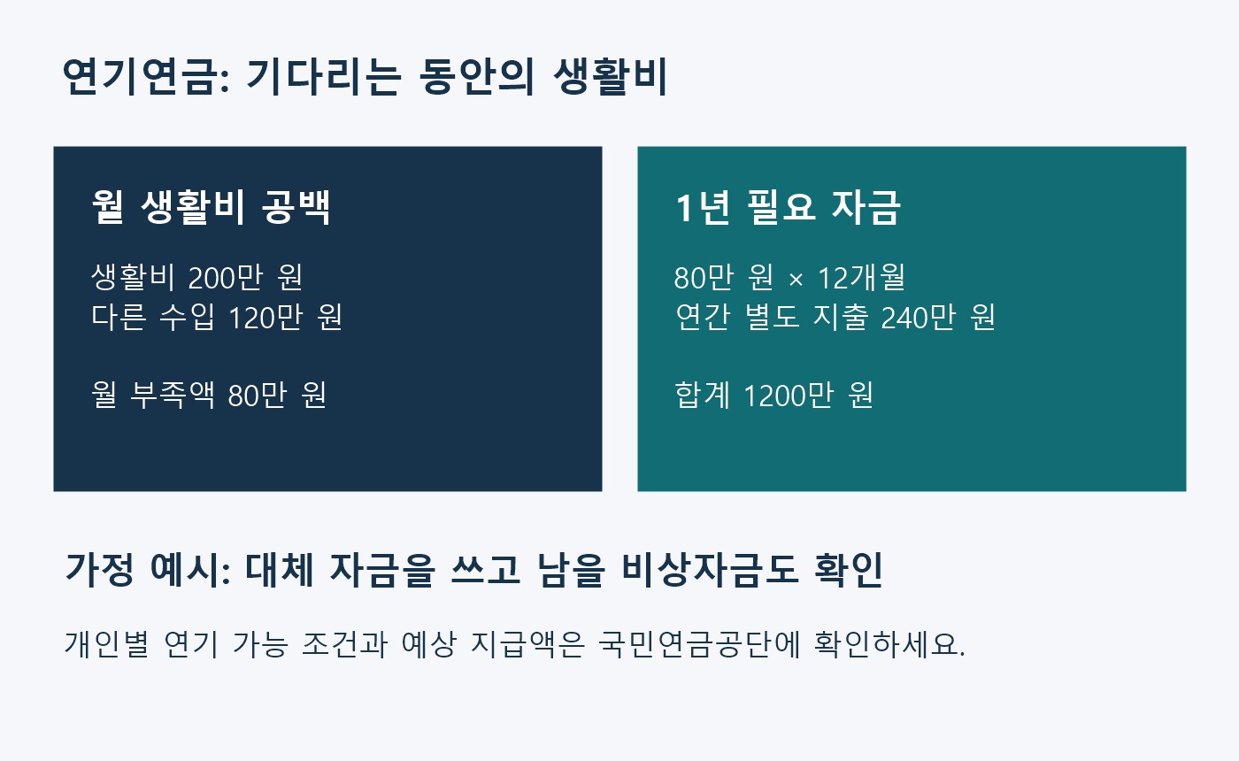 월 생활비 200만 원에서 다른 수입 120만 원을 뺀 월 80만 원 부족액과 연간 별도 지출 240만 원을 합해 1년 대체 자금 1200만 원을 계산한 가정 도표
