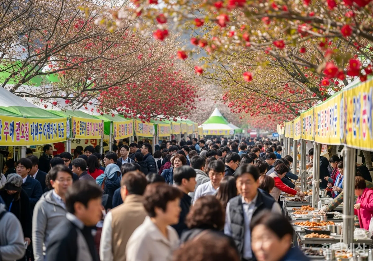 활기찬 서해안 주꾸미 축제 현장과 봄꽃을 즐기는 한국 관광객들의 모습