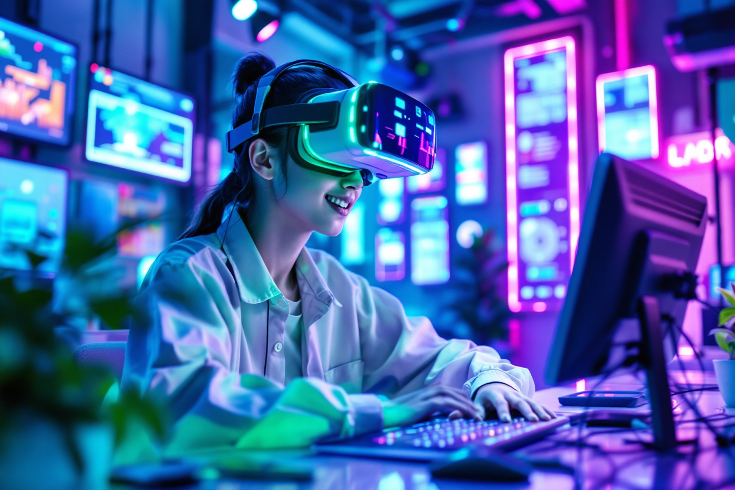 20대 젊은 여성이 컴퓨터 앞에 앉아서 AR전용 글래스를 착용하고 시현하고 있는 이미지