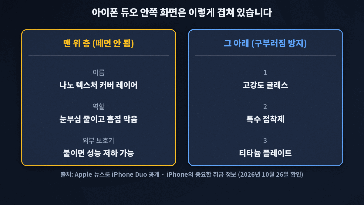 아이폰 듀오 안쪽 화면 구조, 맨 위 나노 텍스처 커버 레이어는 떼면 안 되는 화면의 일부이고 그 아래 고강도 글래스와 접착제, 티타늄 플레이트가 있습니다