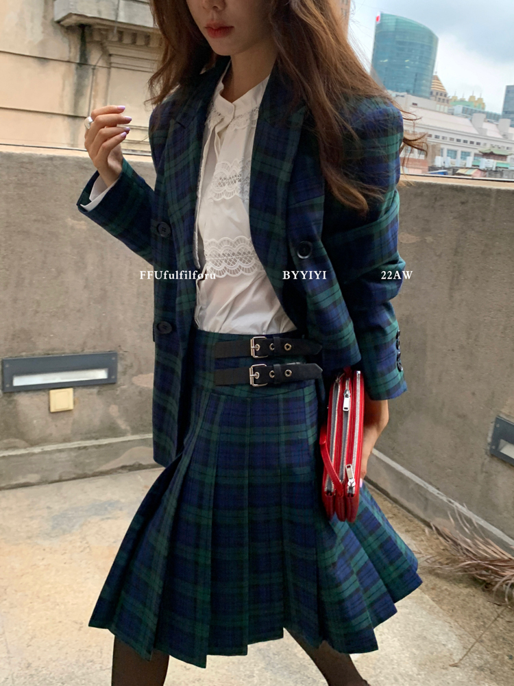 (개별선택) 비스코 투벨트 체크 자켓 스커트 set