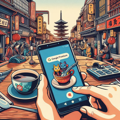 일본 거리 풍경 속 스마트폰으로 번역 앱을 사용하는 장면