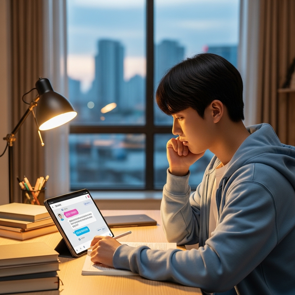 학생이 AI 챗봇과 대화하며 수능 개념을 학습하고, 심화 질문을 통해 이해도를 높이는 모습.2