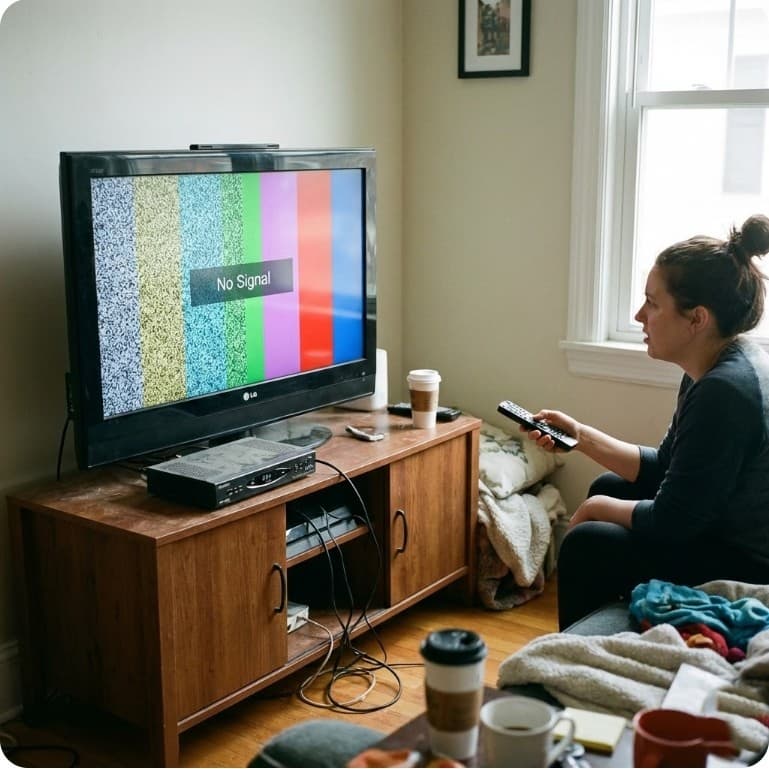 Btv 신호 없음 상황의 거실 TV와 셋톱박스