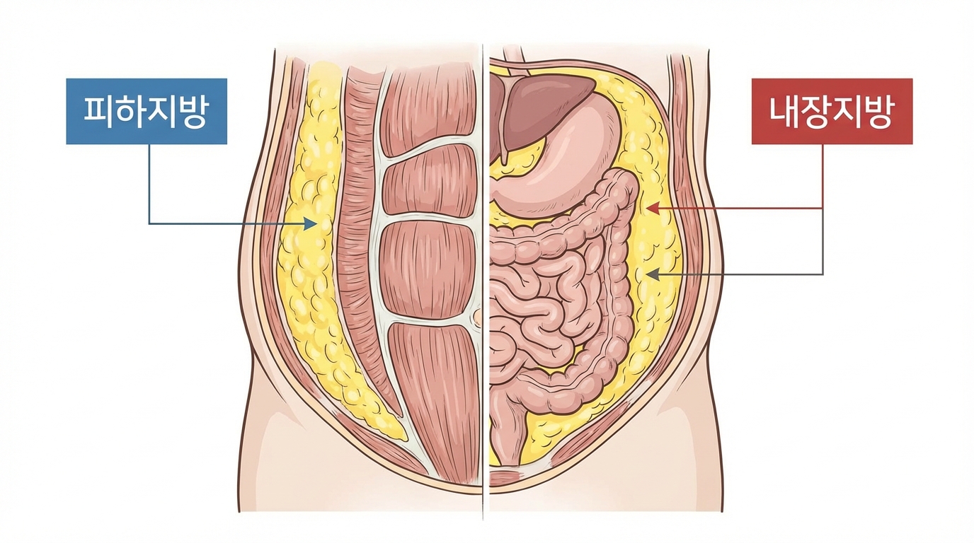 피하지방과 내장지방의 차이를 보여주는 인체 복부 단면도 그래픽