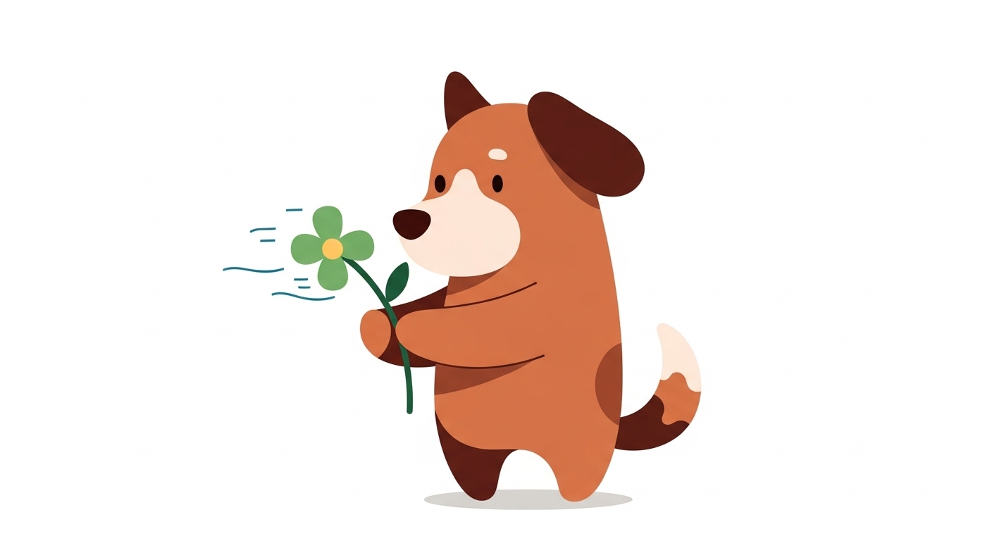 바람으로부터 작은 꽃을 몸으로 막아주며 보호하는 의리 있는 개 캐릭터 일러스트
