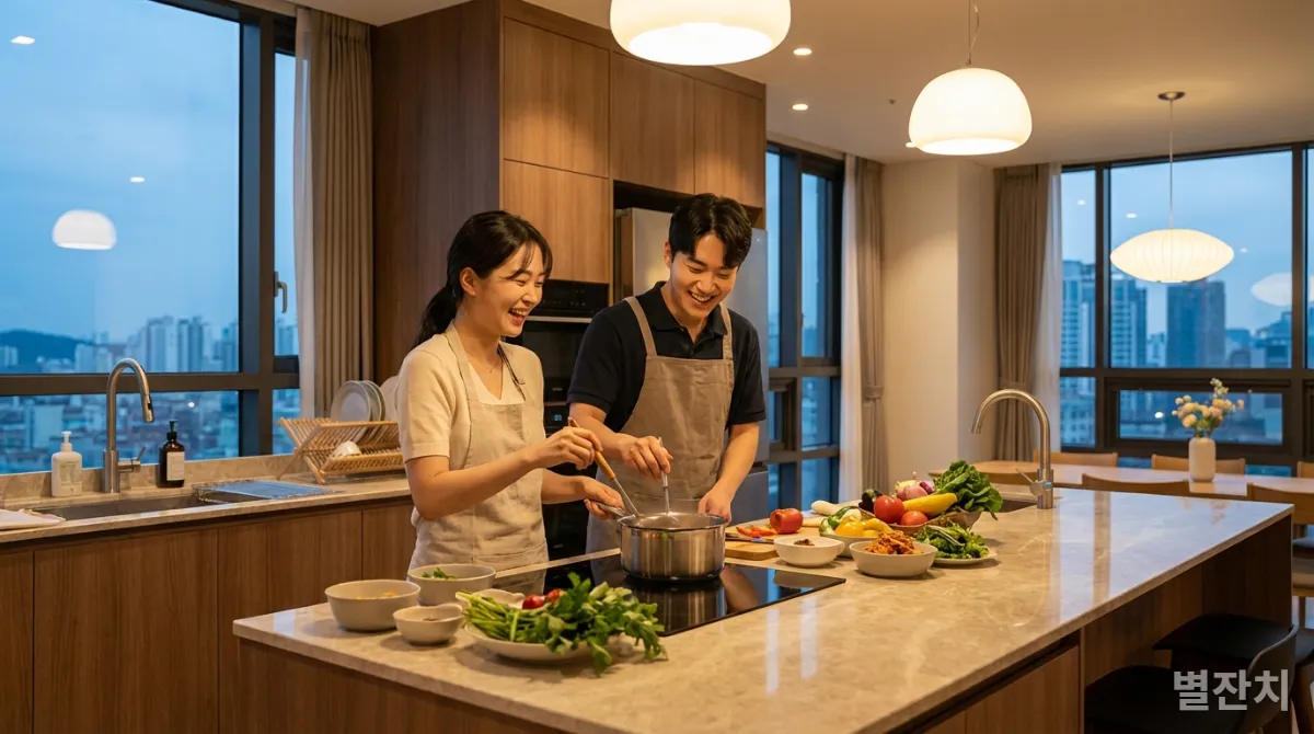 고급 요리 클래스에서 즐겁게 요리하는 한국인 커플