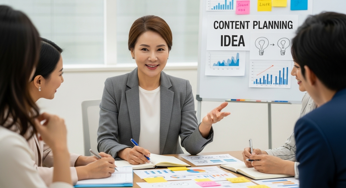 50대 여성이 노트와 펜으로 콘텐츠 기획 아이디어 회의하는 모습