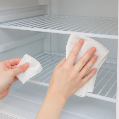 냉장고 냄새 제거를 위한 내부 청소 중, 흰색 천으로 선반을 닦고 있는 손 이미지