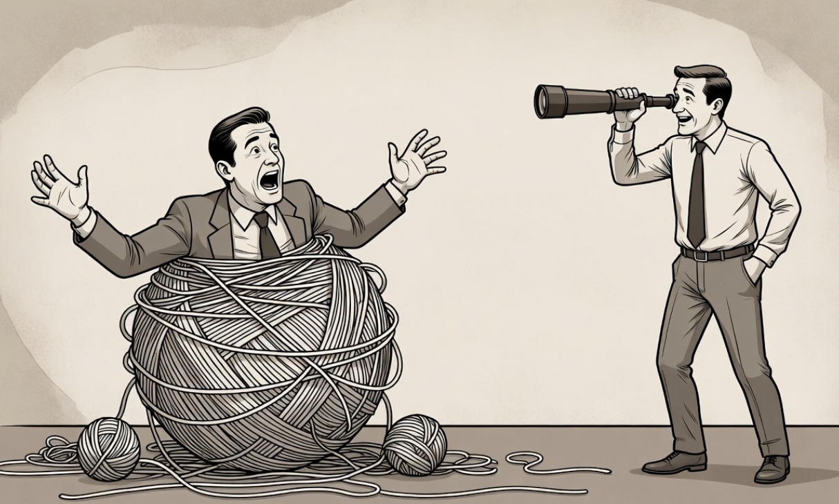 엉킨 실타래를 풀지 못하고 쩔쩔매는 리더와 멀리서 망원경으로 전체를 보는 리더의 비교 일러스트