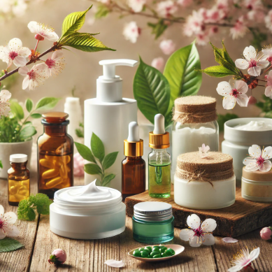 봄 환절기 계절 꽃과 보습 제품, 영양제 사진