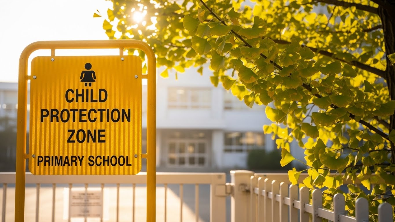 등하굣길 아이들의 안전을 위해 서행을 유도하는 노란색 어린이 보호구역 안내 표지판