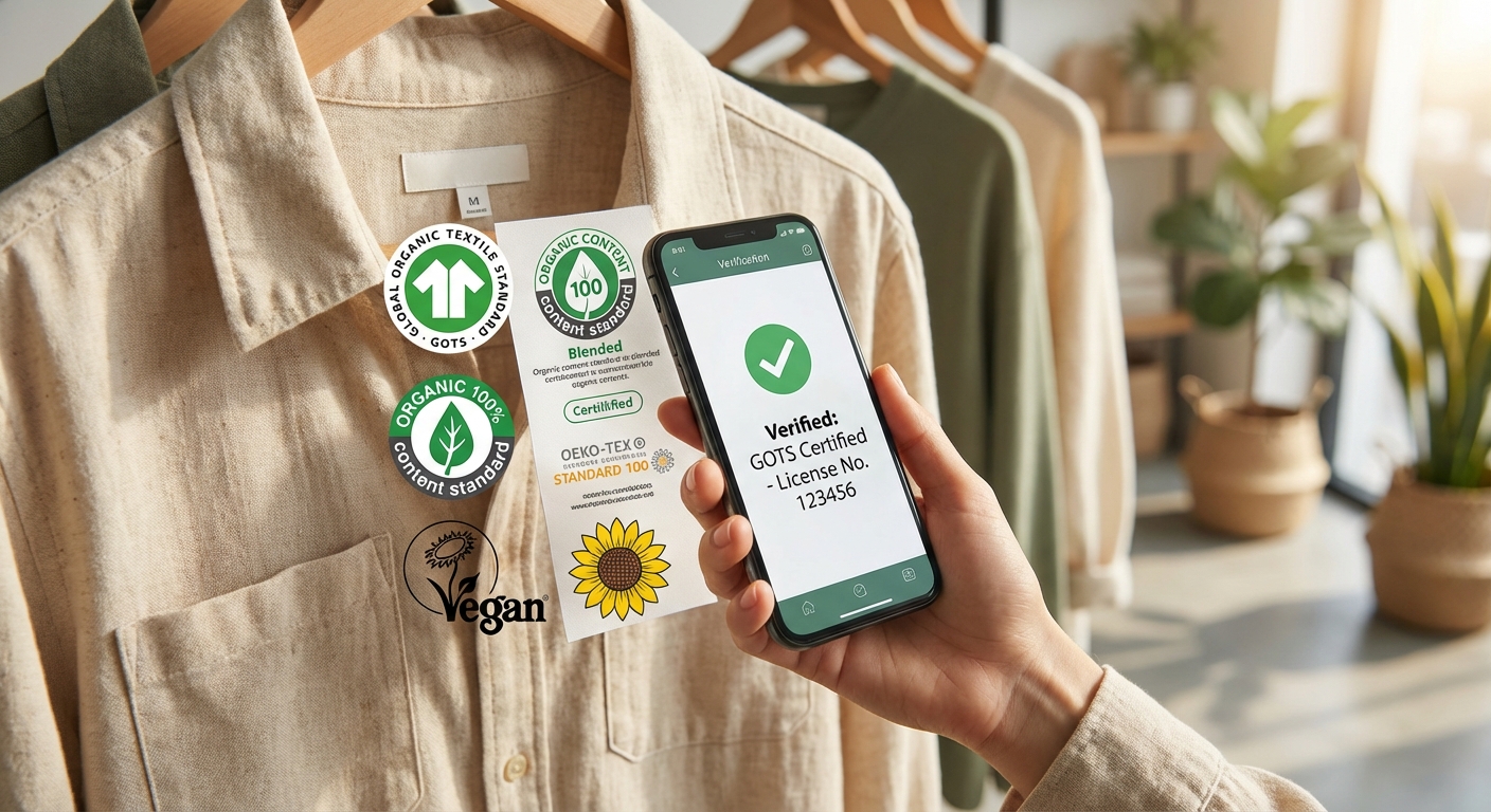 2026년 친환경 인증 마크 확인 가이드 썸네일. GOTS, OCS, 오코텍스, 비건 인증 라벨이 부착된 옷을 스마트폰으로 스캔하여 인증 번호를 검증하는 모습.