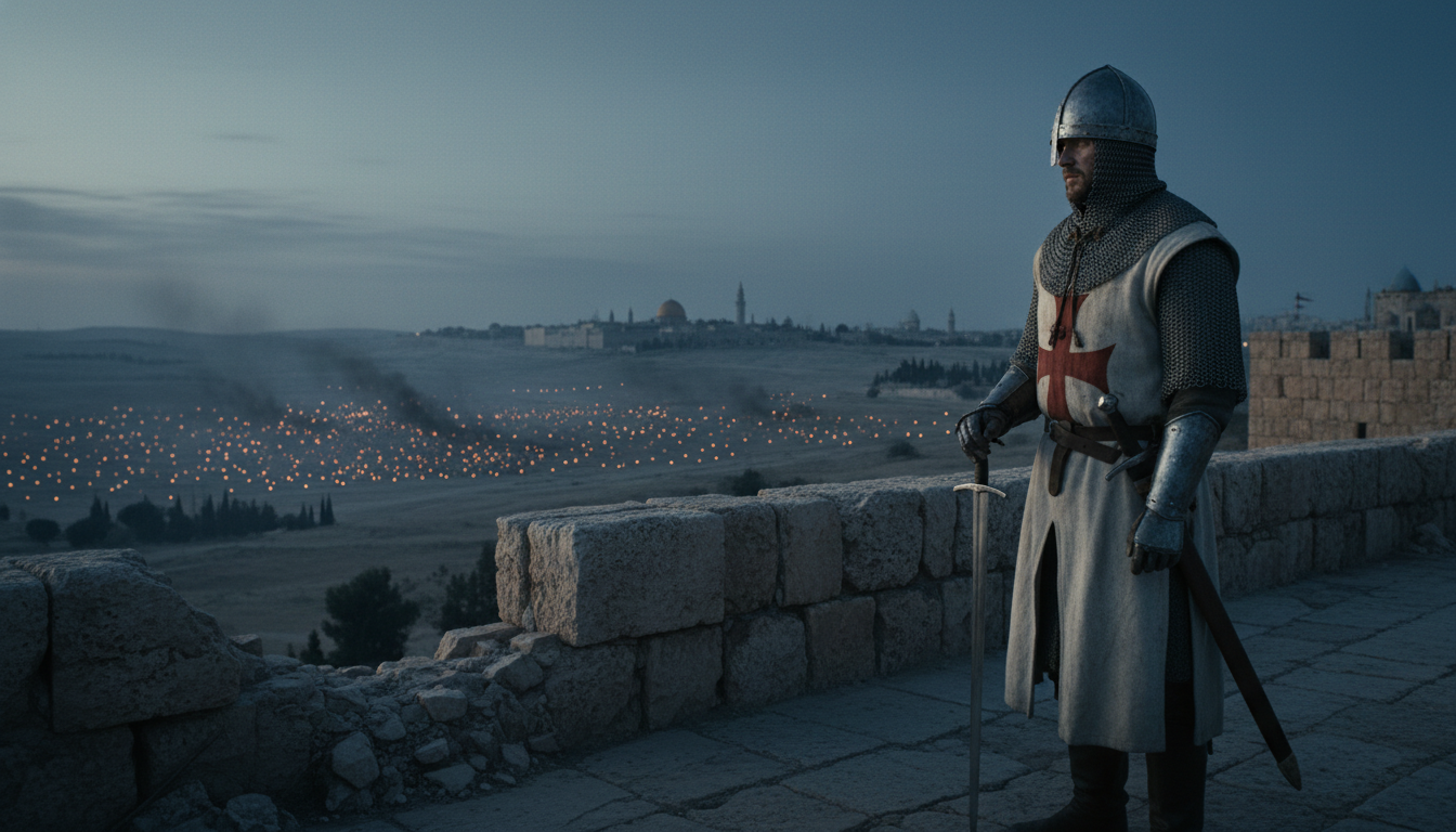 해 질 녘 예루살렘 성벽 위에 서 있는 십자군 기사 발리안의 웅장하고 결연한 모습, 배경에는 적군의 횃불이 보임