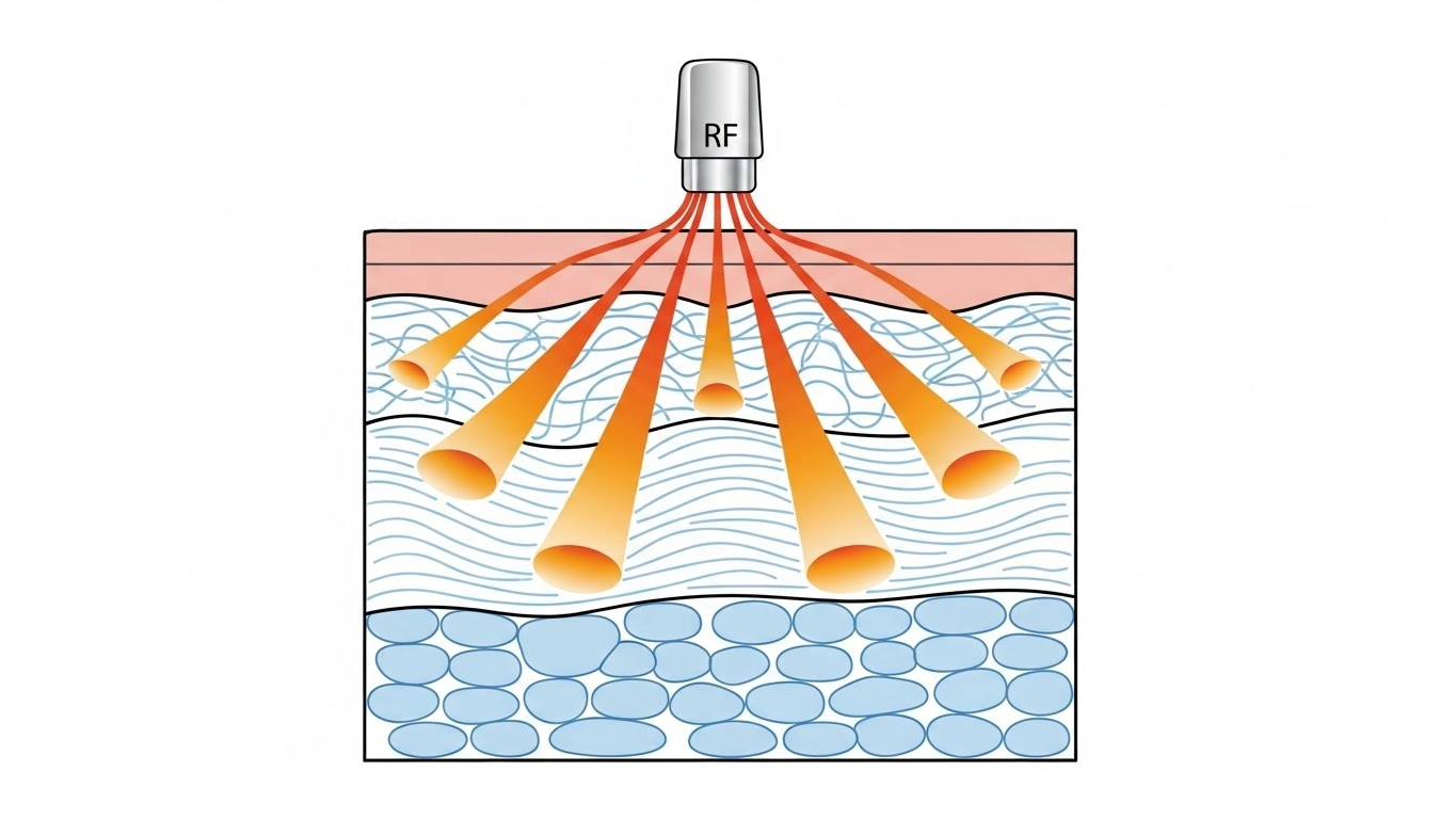 피부 단면에 고주파 열이 퍼지는 모습을 보여주는 과학 일러스트