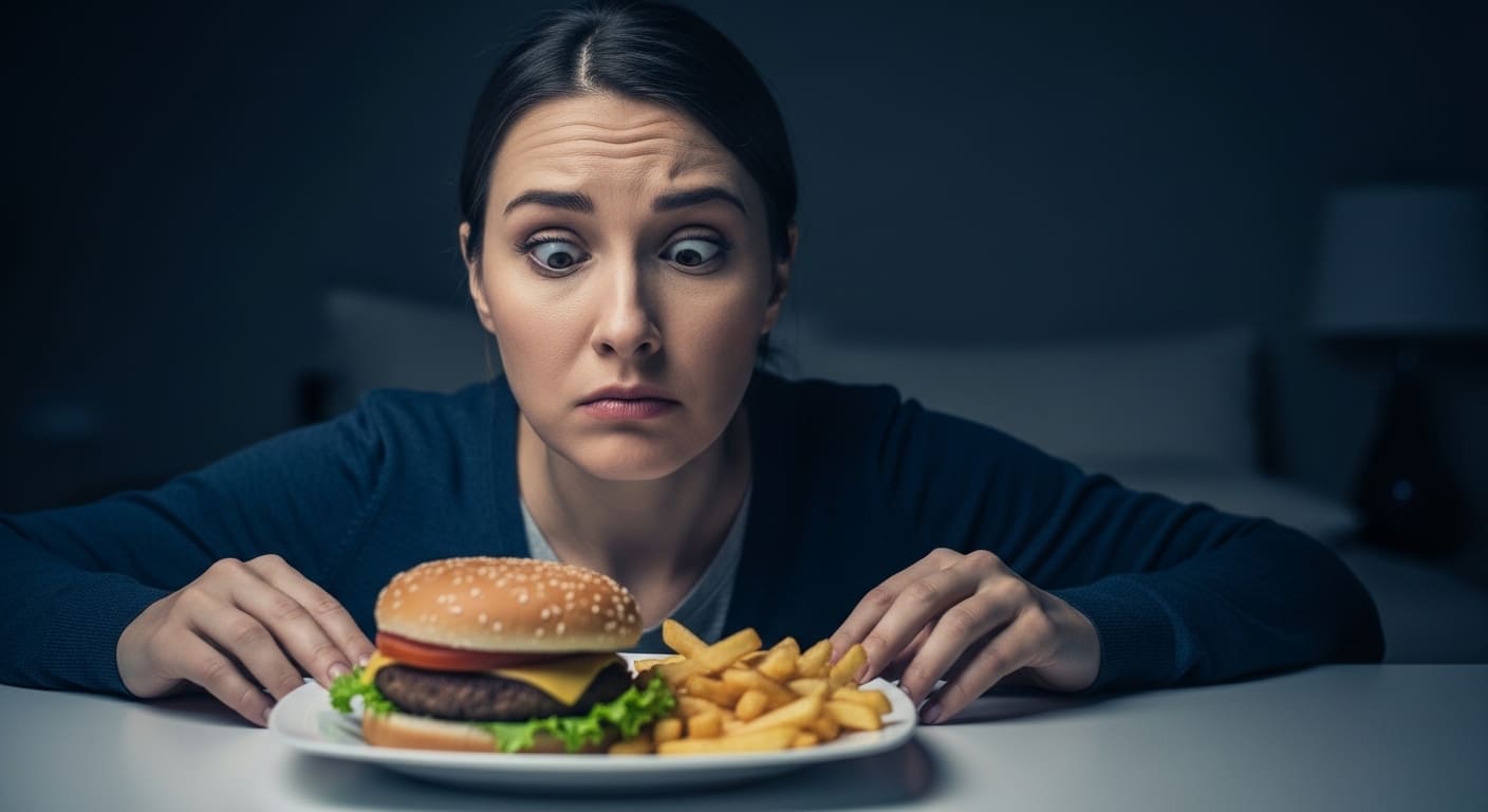 밤늦게 침대에서 고칼로리 야식을 먹으려다 갈등하는 사람의 모습. 수면 부족이 식욕에 미치는 부정적인 영향을 시각화.