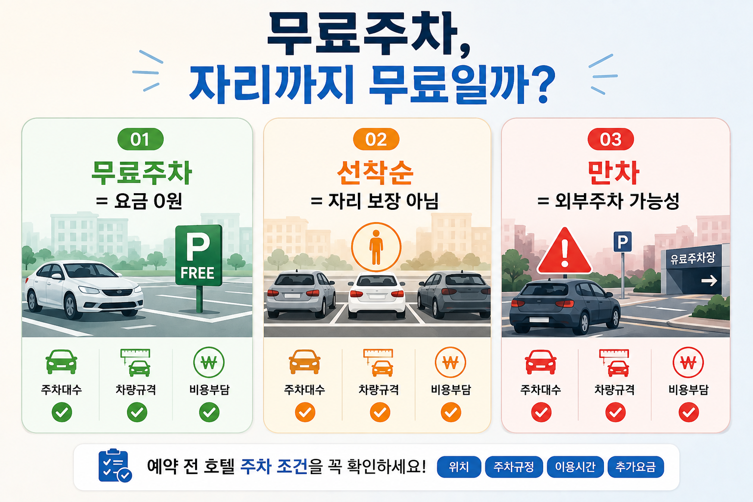 무료주차 가성비 호텔에서 무료 선착순 만차 외부유료 주차 조건을 비교한 이미지
