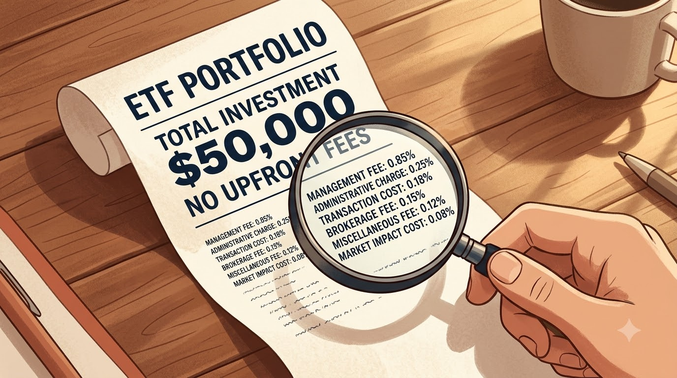 돋보기로 ETF 영수증을 들여다보니 작은 글씨로 숨은 비용 항목이 줄줄이 적혀 있는 장면