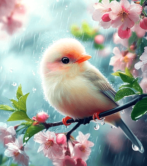 하얀 아기새가 벚꽃이 핀 가지에 앉아있다. 하얀 빗줄기가 내린다.