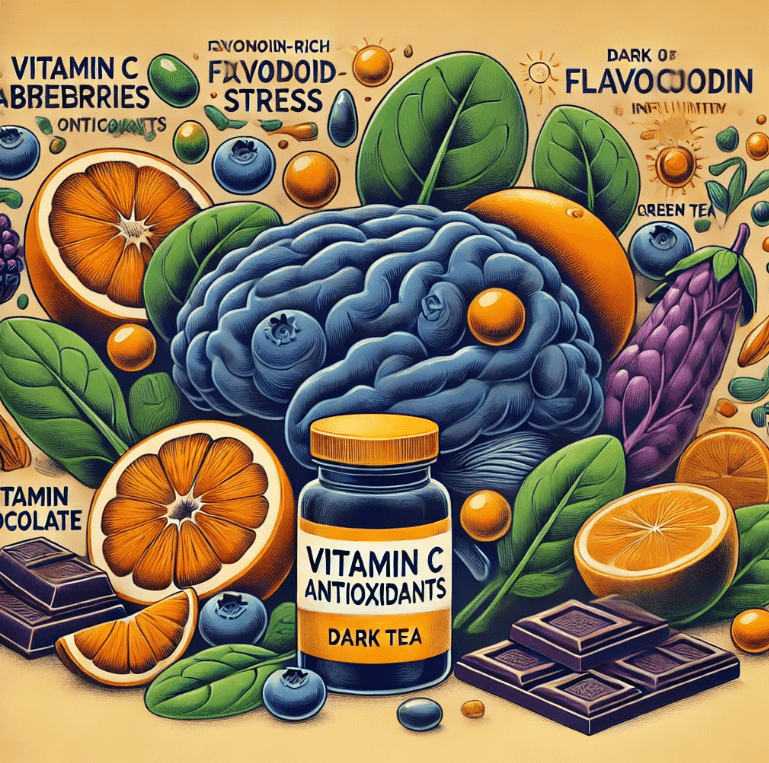 블루베리 , 오렌지 , 시금치 , 다크초콜릿 , 녹차 등 항산화 성분이 풍부한 식품과 비타민 C, 플라보노이드가 풍부한 보충제를 담은 그림